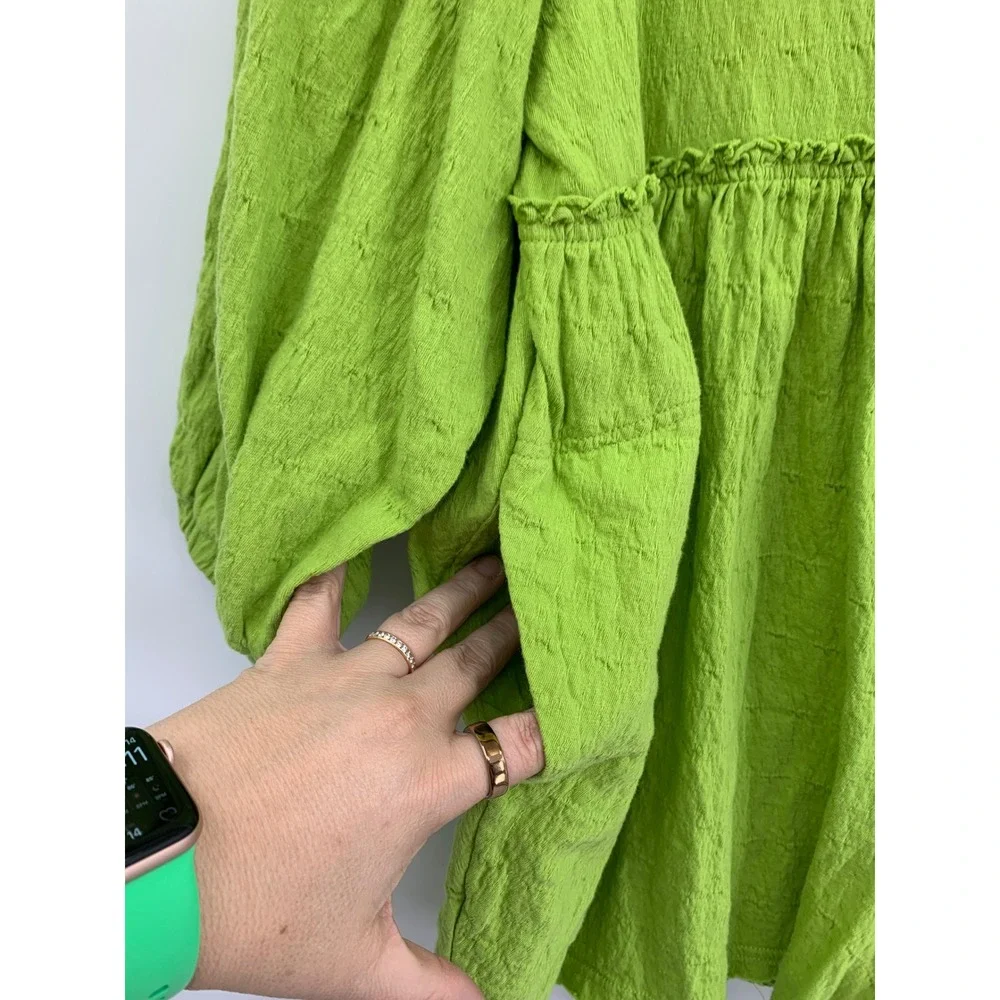 Free People Beach Romper Womens Medium Green Textured Balloon Sleeve Keyhole